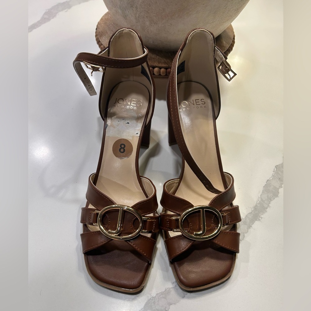 Jones New York Brown Heeled Sandals with Gold Buckle